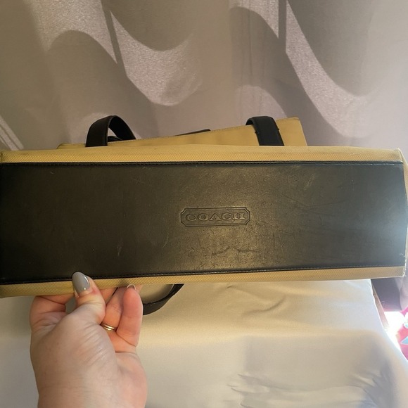 COACH Khaki Twill Canvas Leather Handle Shoulder Bag Purse 7402 Tan Black - Picture 6 of 16